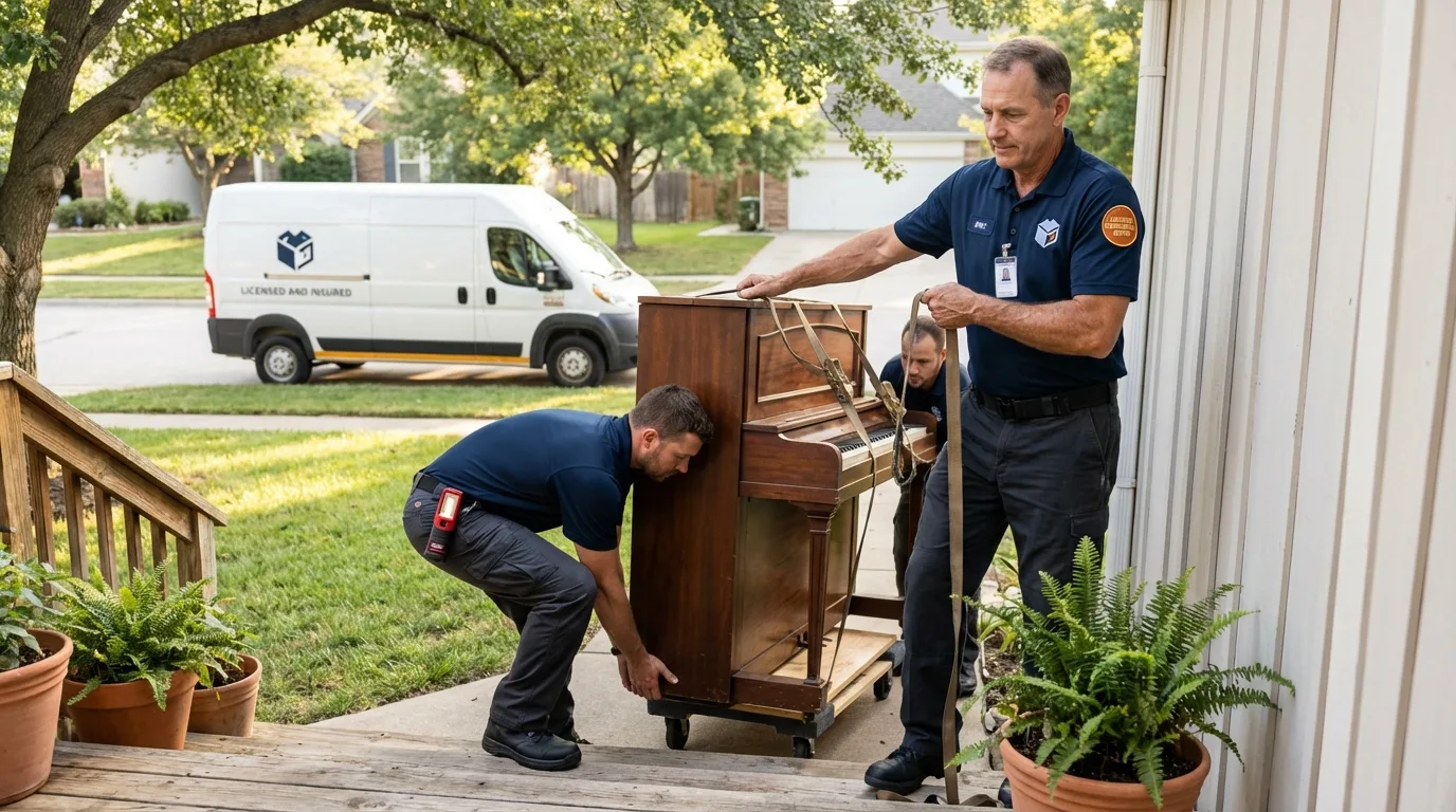 Licensed piano movers securing grand piano in Provincetown, MA
