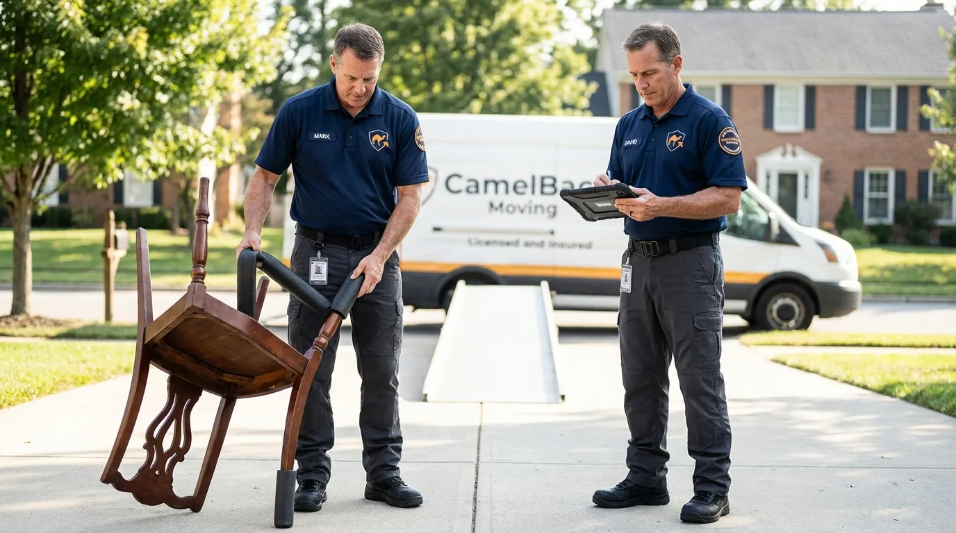 Movers inspecting furniture for damage prevention before loading in Provincetown, MA
