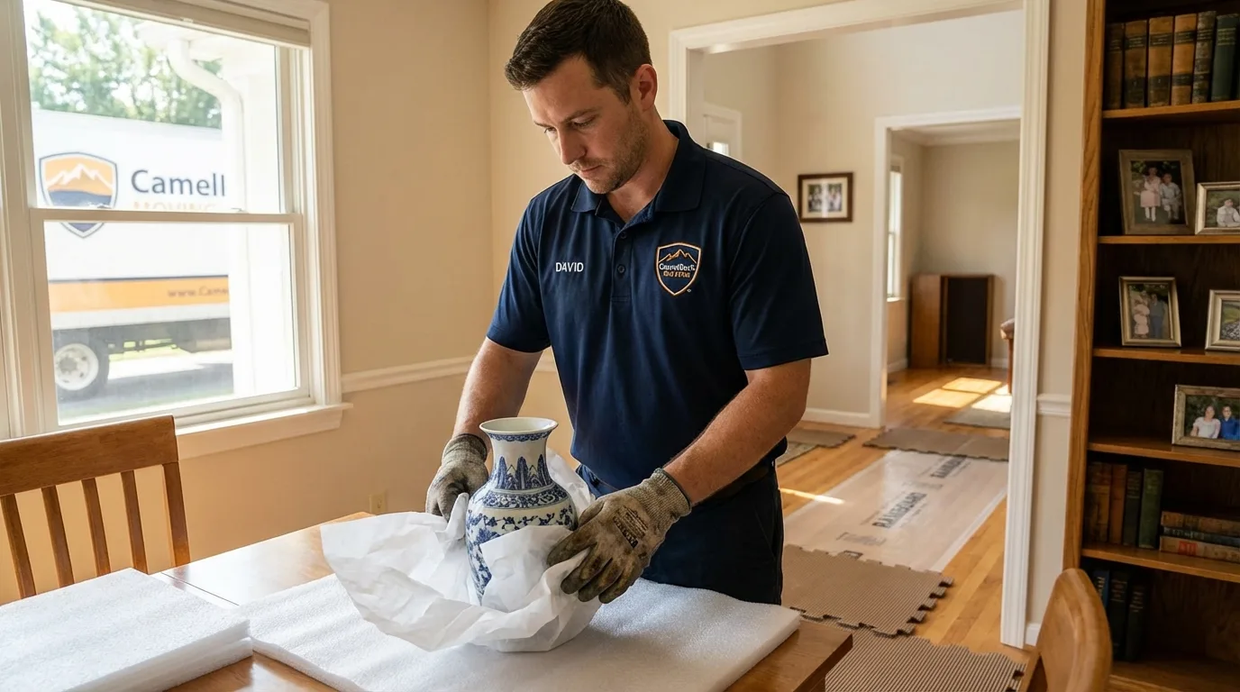 Professional crew carefully wrapping antique vase for senior downsizing move in Provincetown, MA